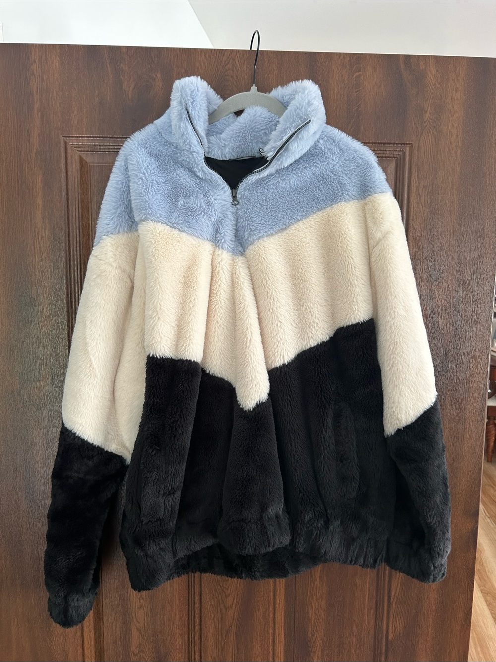 ASOS Colorblock Teddy Jacket in Light Blue, Cream & Black